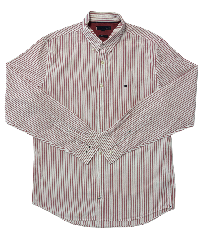 Tommy Hilfiger Red & White Striped Regular Fit Button-Down Shirt