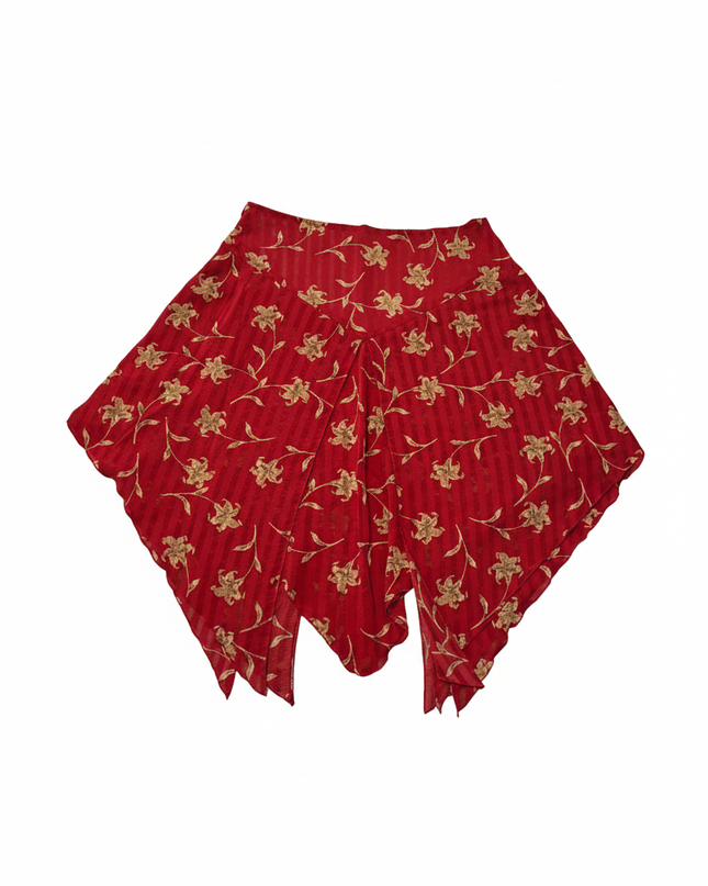 Red Floral Asymmetrical Handkerchief Hem Vintage Boho Style Skirt