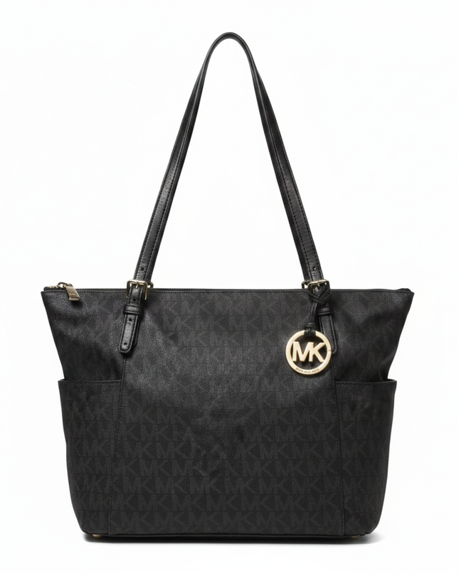 Michael Kors Black Monogram Tote Bag with Logo Charm