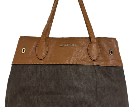 MICHAEL KORS Two-Tone Leather Trim Brown MK Signature Tote Bag
