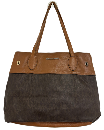 MICHAEL KORS Two-Tone Leather Trim Brown MK Signature Tote Bag