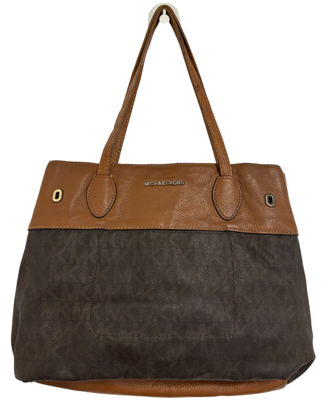 MICHAEL KORS Two-Tone Leather Trim Brown MK Signature Tote Bag