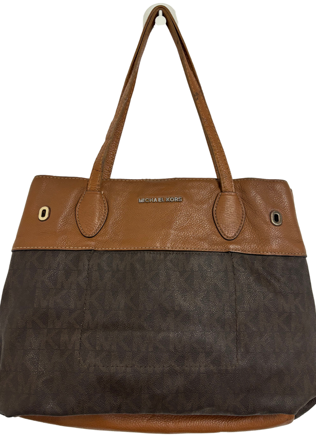 MICHAEL KORS Two-Tone Leather Trim Brown MK Signature Tote Bag