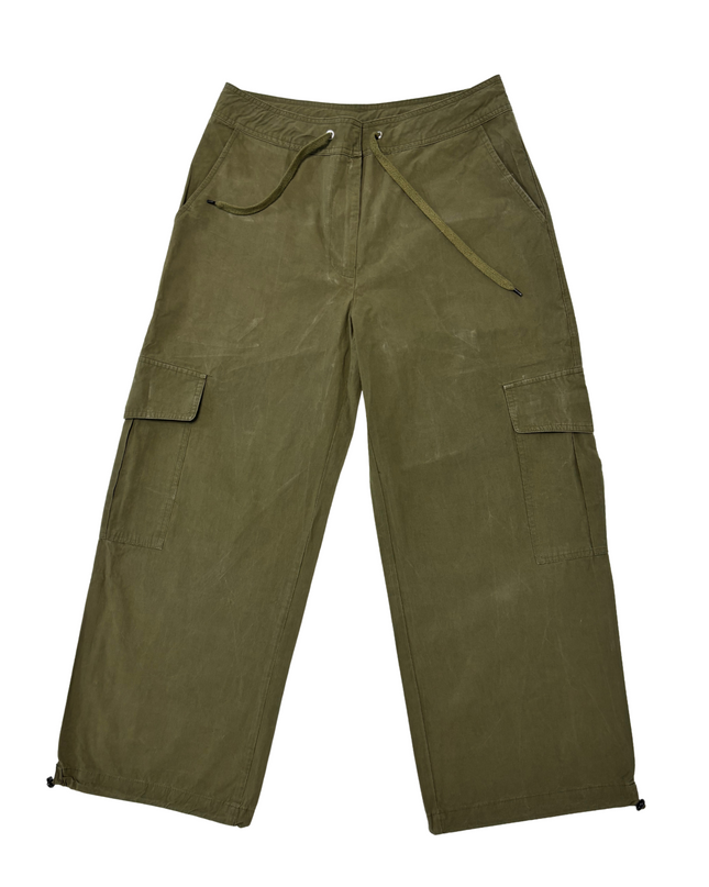 Neo Noir Olive Green Wide-Leg Cargo Pants with Utility Pockets - L | Waist: 32"