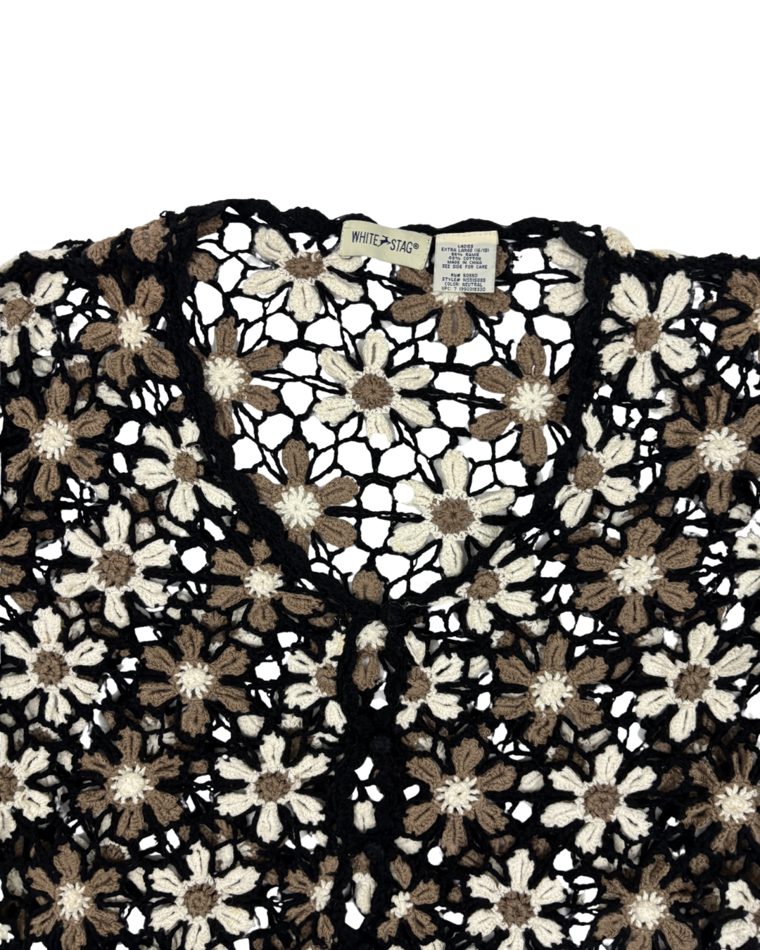 White Stag Daisy Floral Crochet Black & Neutral Short Sleeve Top - L