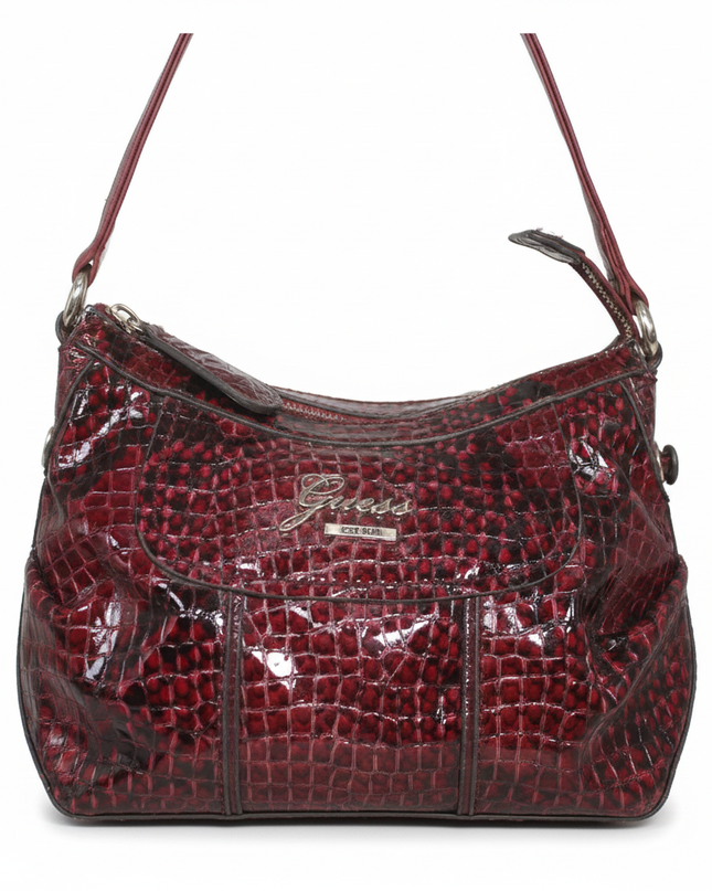 Guess Burgundy Snake Embossed Faux Leather Shoulder Bag