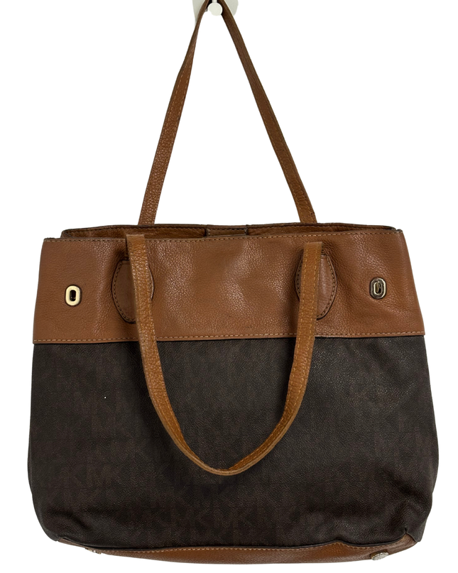 MICHAEL KORS Two-Tone Leather Trim Brown MK Signature Tote Bag