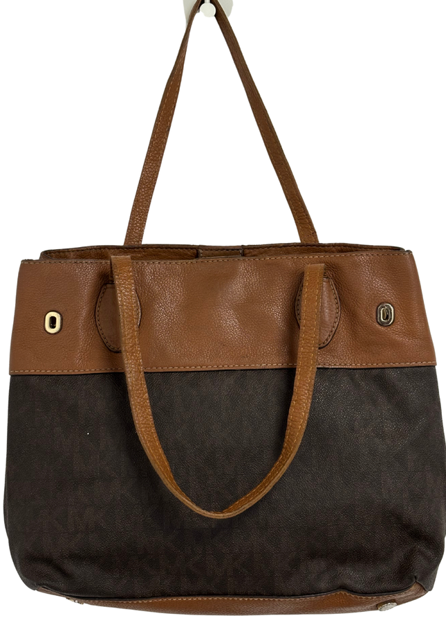 MICHAEL KORS Two-Tone Leather Trim Brown MK Signature Tote Bag
