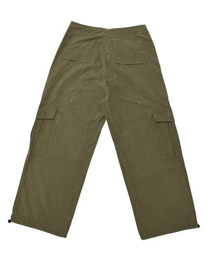 Neo Noir Olive Green Wide-Leg Cargo Pants with Utility Pockets - L | Waist: 32"