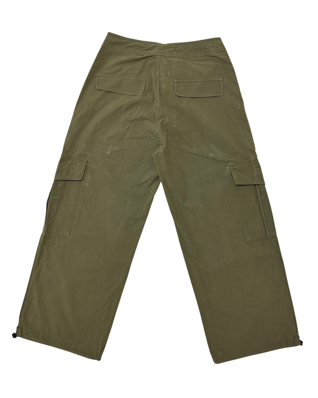 Neo Noir Olive Green Wide-Leg Cargo Pants with Utility Pockets - L | Waist: 32"