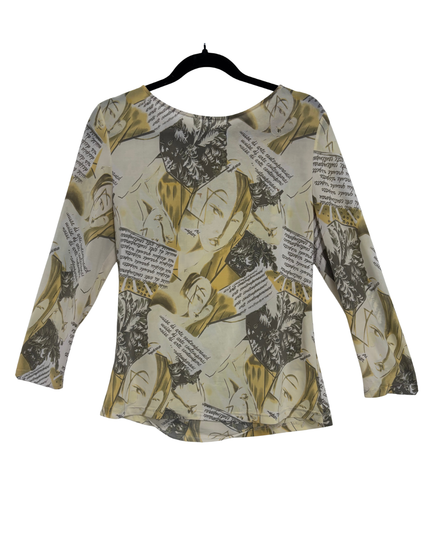 Sidereal Italy Abstract Faces & Script Mesh Print Long Sleeve Top - M