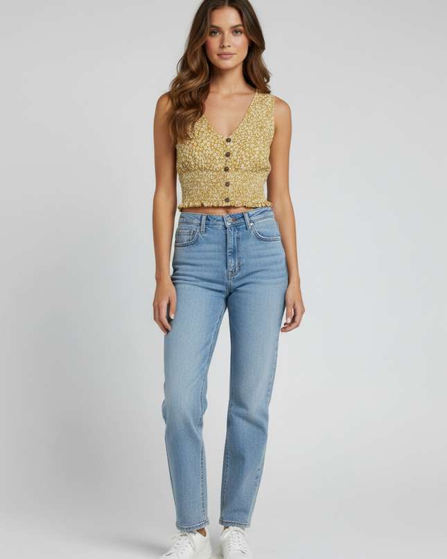 American Eagle Yellow Floral Smocked Button-Up Crop Top