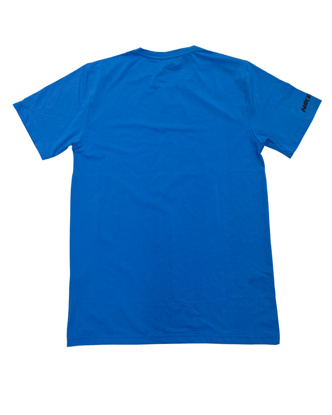 Nike Dri-Fit Blue Graphic Tee – Repeated Logo Print - S