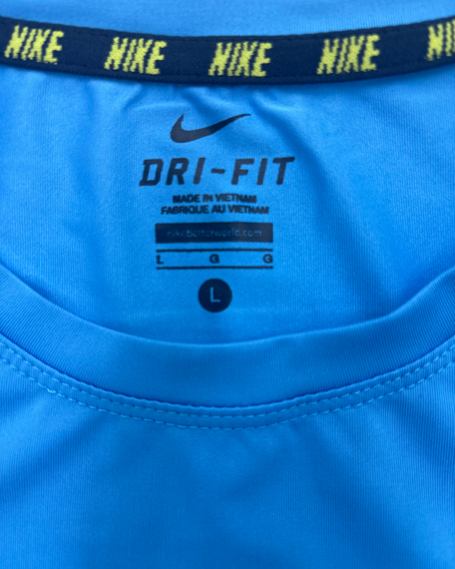 Nike Dri-Fit Blue Graphic Tee – Repeated Logo Print - S