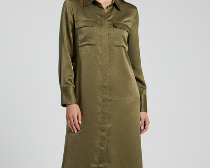 MNG Olive Green Textured Maxi Shirt Dress
