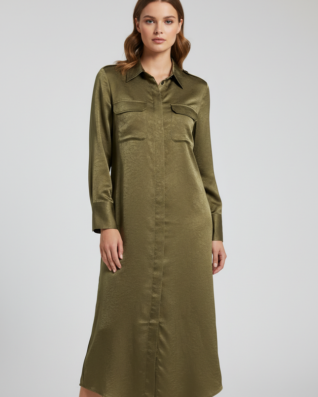 MNG Olive Green Textured Maxi Shirt Dress