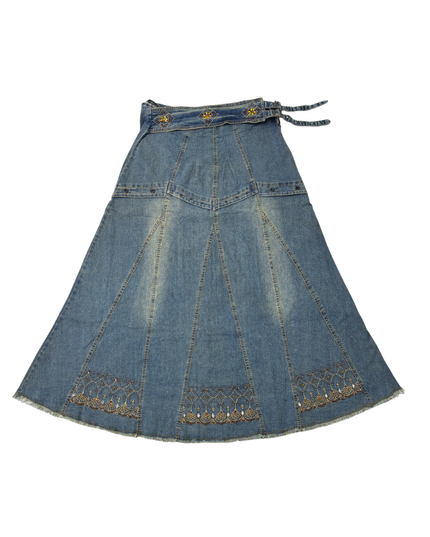 Boho Embroidered Denim Beaded Waist & Lace Hem Flared Midi Skirt - XL | Waist: 34"