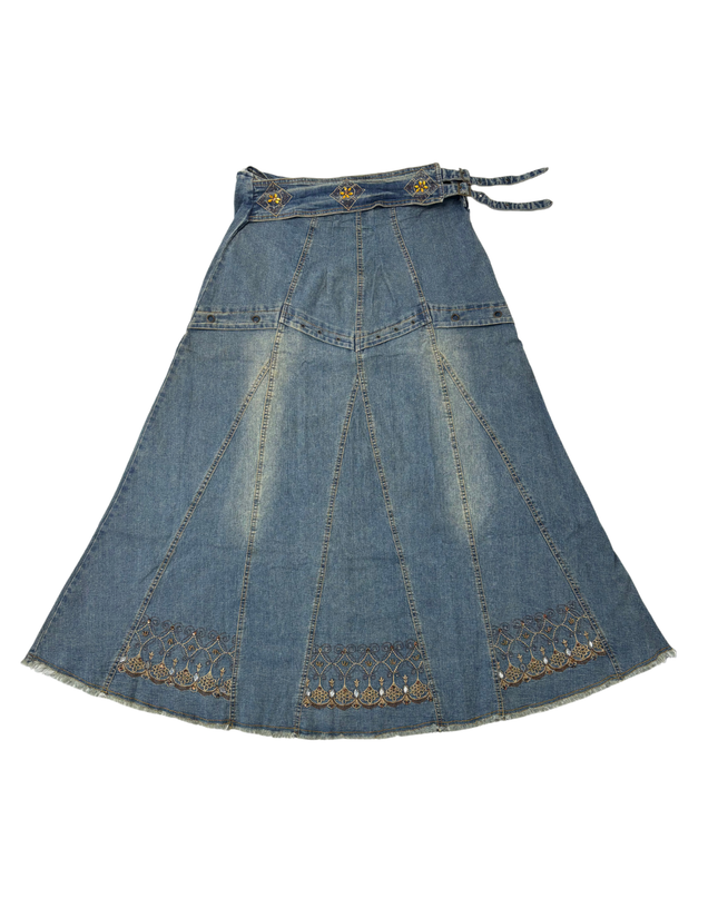 Boho Embroidered Denim Beaded Waist & Lace Hem Flared Midi Skirt - XL | Waist: 34"
