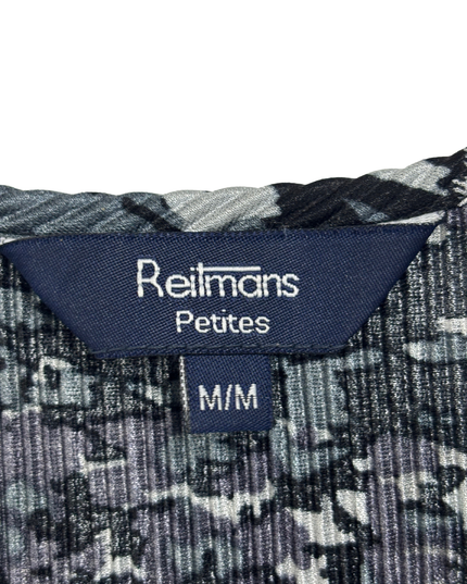 Reitmans Petites Abstract Black & Grey Pleated Buckle Detail V-Neck Top - S