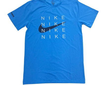 Nike Dri-Fit Blue Graphic Tee – Repeated Logo Print - S