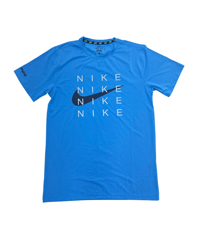Nike Dri-Fit Blue Graphic Tee – Repeated Logo Print - S