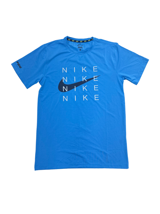 Nike Dri-Fit Blue Graphic Tee – Repeated Logo Print - S