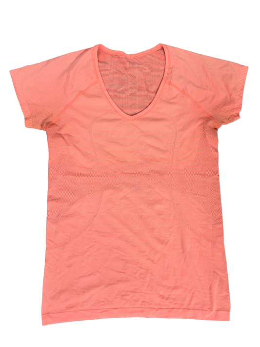 Lululemon Seamless Mesh V-Neck Athletic Tee in Coral Pink - L