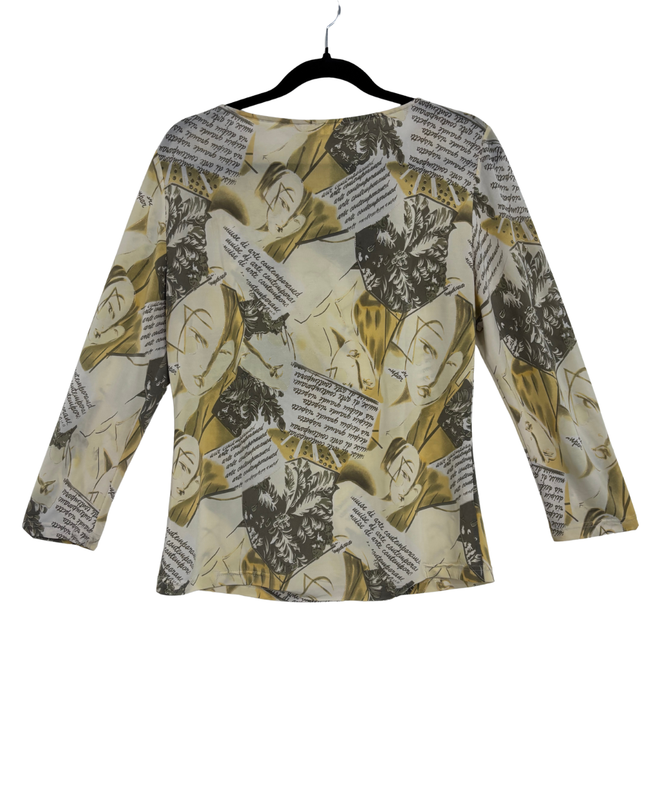 Sidereal Italy Abstract Faces & Script Mesh Print Long Sleeve Top - M