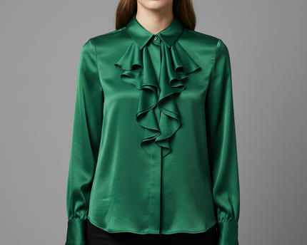 Zara Green Ruffle Front Satin Finish Blouse