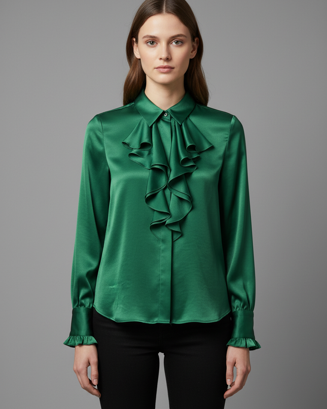Zara Green Ruffle Front Satin Finish Blouse