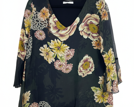 M&G Black Floral Silk Blend V-Neck Blouse