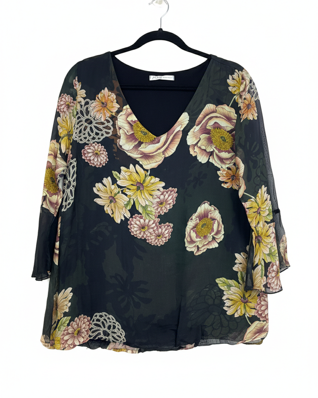 M&G Black Floral Silk Blend V-Neck Blouse