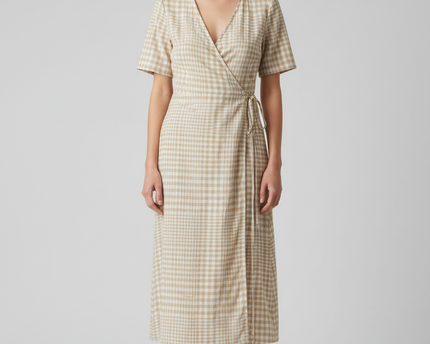 M&S Collection Beige Gingham Wrap Midi Dress