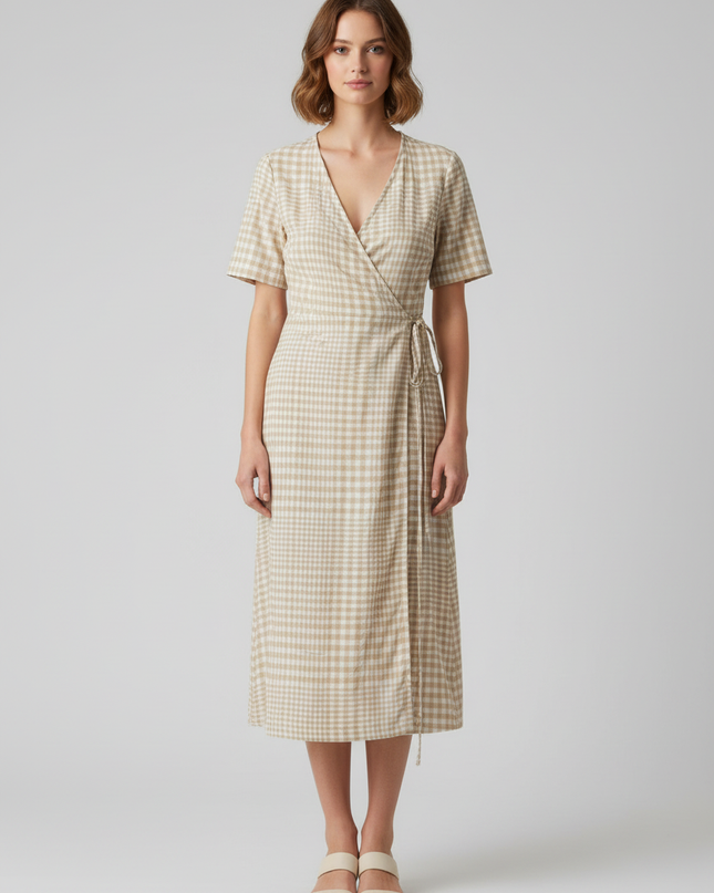 M&S Collection Beige Gingham Wrap Midi Dress