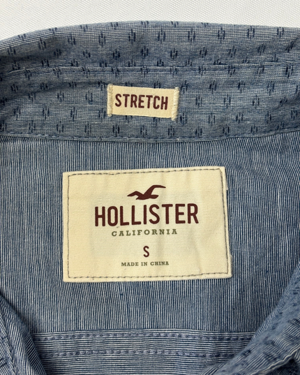 Hollister California Micro Print Indigo Blue Stretch Shirt - M
