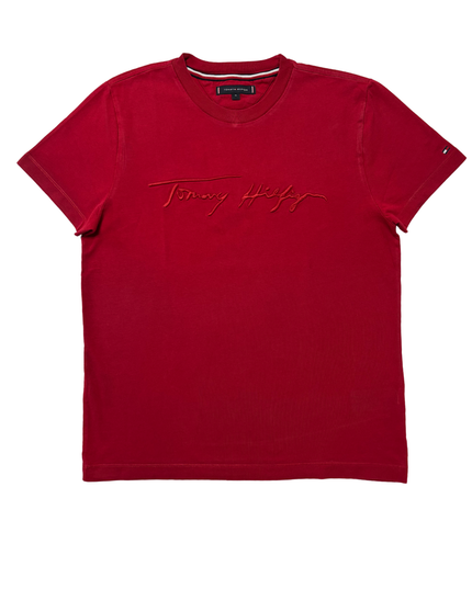 Tommy Hilfiger Script Logo Red Cotton Embroidered T-Shirt - S
