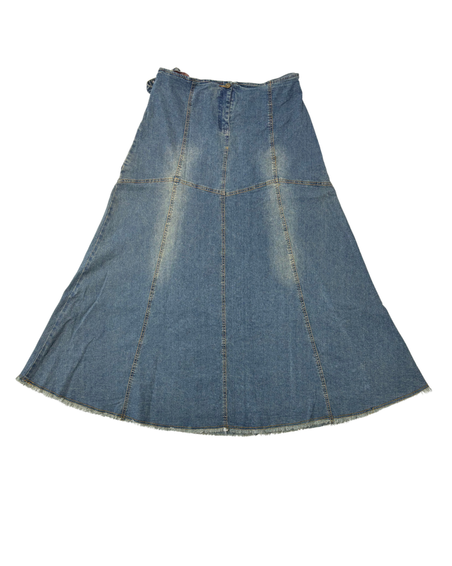 Boho Embroidered Denim Beaded Waist & Lace Hem Flared Midi Skirt - XL | Waist: 34"