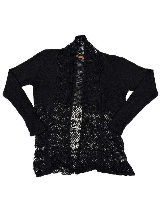 Belldini Sheer Knit & Crochet Black Open Cardigan - M