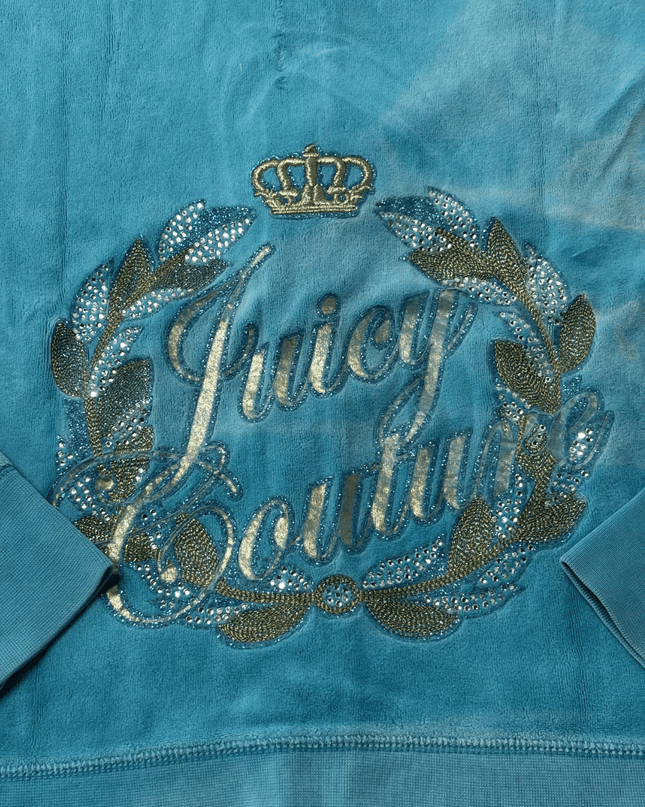 Juicy Couture Teal Velour Rhinestone Crown Crest Zip Hoodie