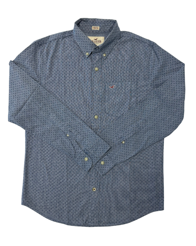 Hollister California Micro Print Indigo Blue Stretch Shirt - M