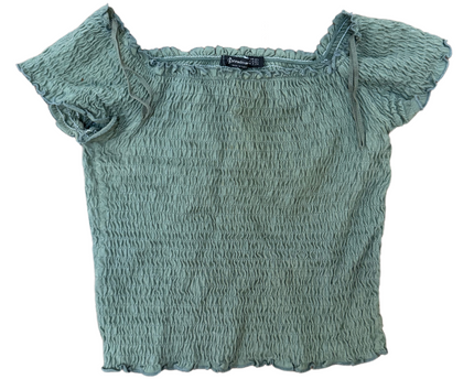 Stradivarius Smocked Off-Shoulder Top – Sage Green - XS