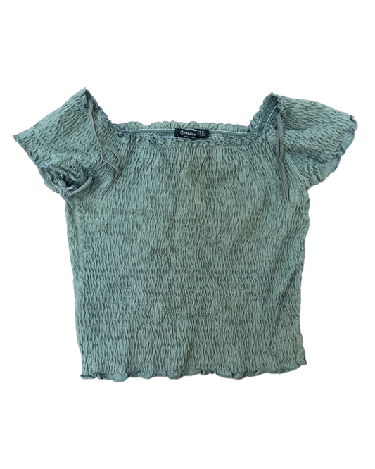 Stradivarius Smocked Off-Shoulder Top – Sage Green - XS