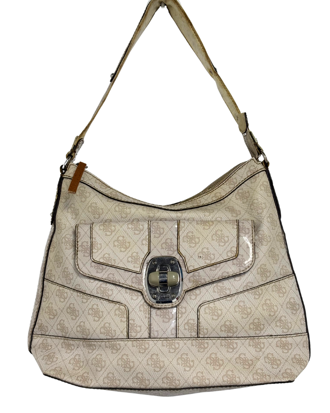 GUESS Vintage Beige Y2K Monogram Hobo Shoulder Bag