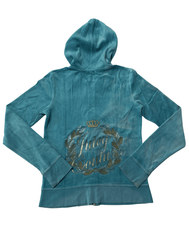 Juicy Couture Teal Velour Rhinestone Crown Crest Zip Hoodie