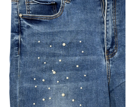 Stradivarius Medium Wash Pearl Embellished Super High Waist Skinny Jeans
