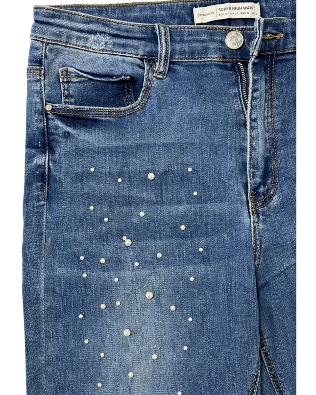 Stradivarius Medium Wash Pearl Embellished Super High Waist Skinny Jeans