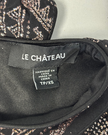 Le Chateau Black & Rose Gold Geometric Glitter Halter Dress