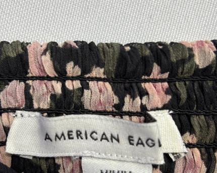 American Eagle Black Floral Ruched Peplum Blouse