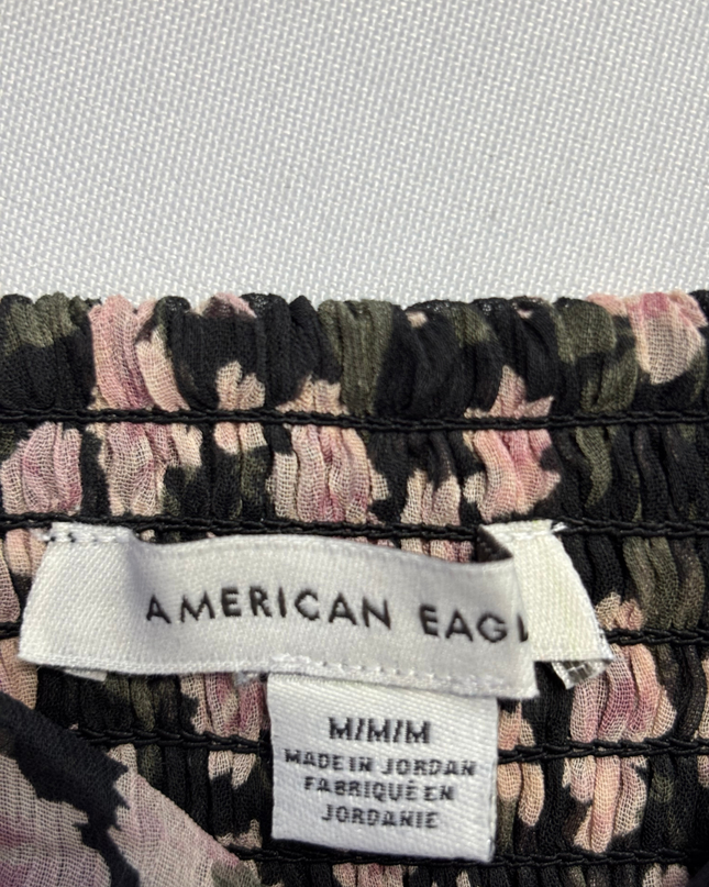 American Eagle Black Floral Ruched Peplum Blouse