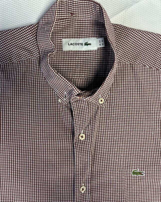 Lacoste Burgundy Gingham Checkered Long Sleeve Shirt